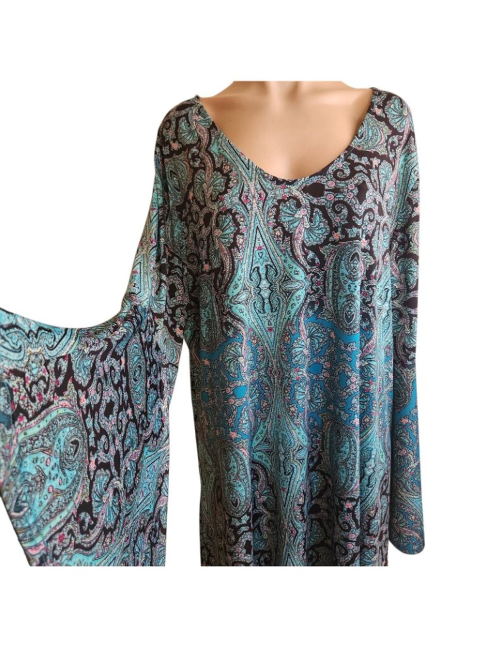 Reborn Plus Size 3x Tunic Dress Blue Paisley Dress Stretchy Bell Sleeves